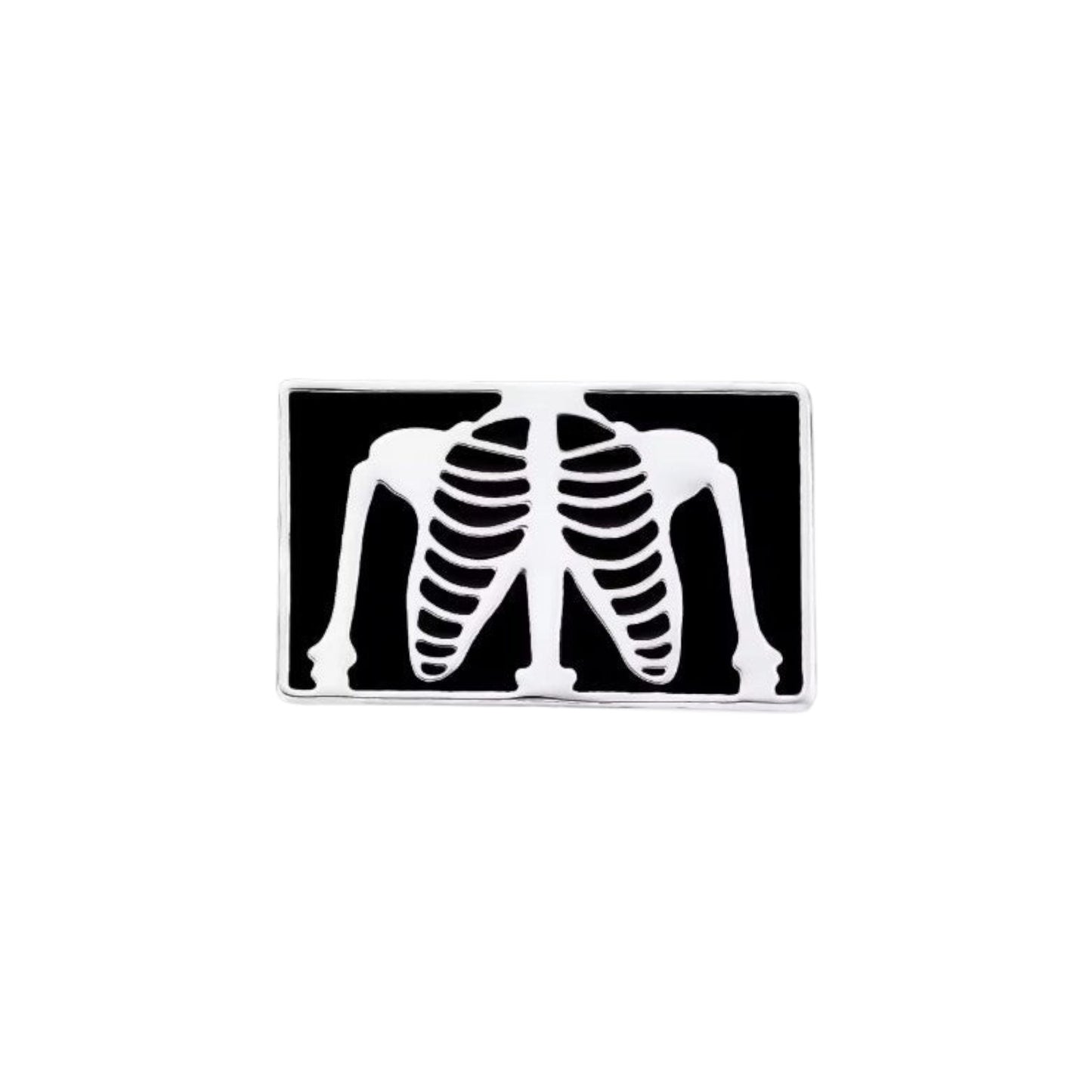 Pins & Co. rectangular enamel lapel pin featuring a silver-tone human rib cage skeleton on a black background.