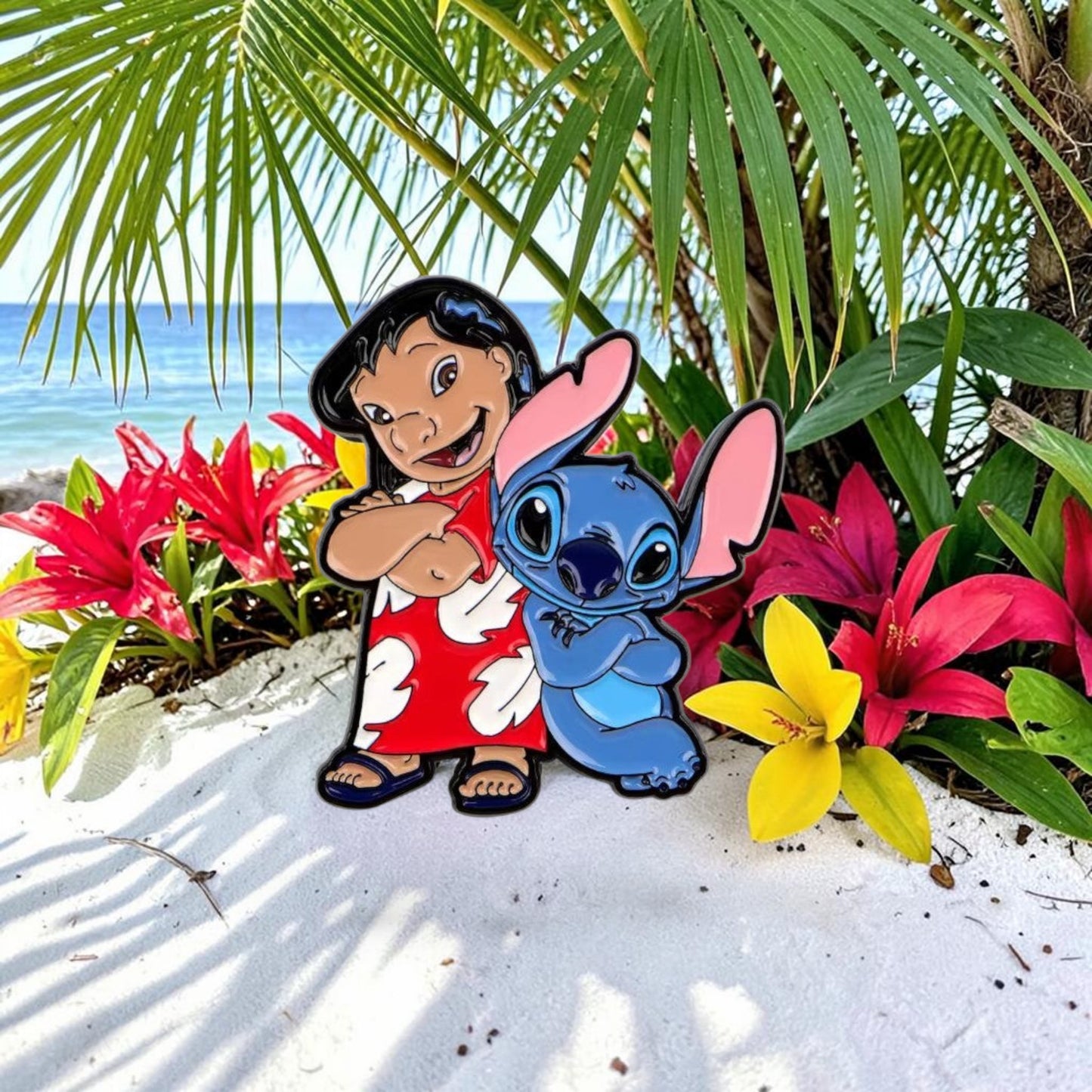 Pins & Co. Lilo and Stitch enamel pin featuring the duo in a classic pose with vibrant colors and black outlines.