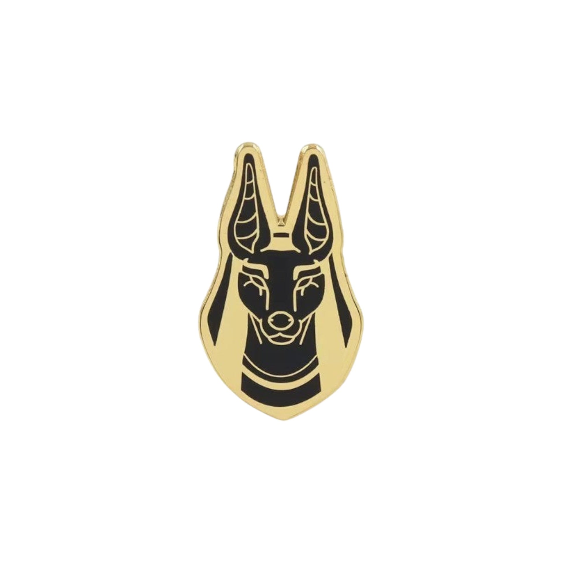 Pins & Co. gold and black enamel lapel pin featuring the minimalist head of the Egyptian deity Anubis.