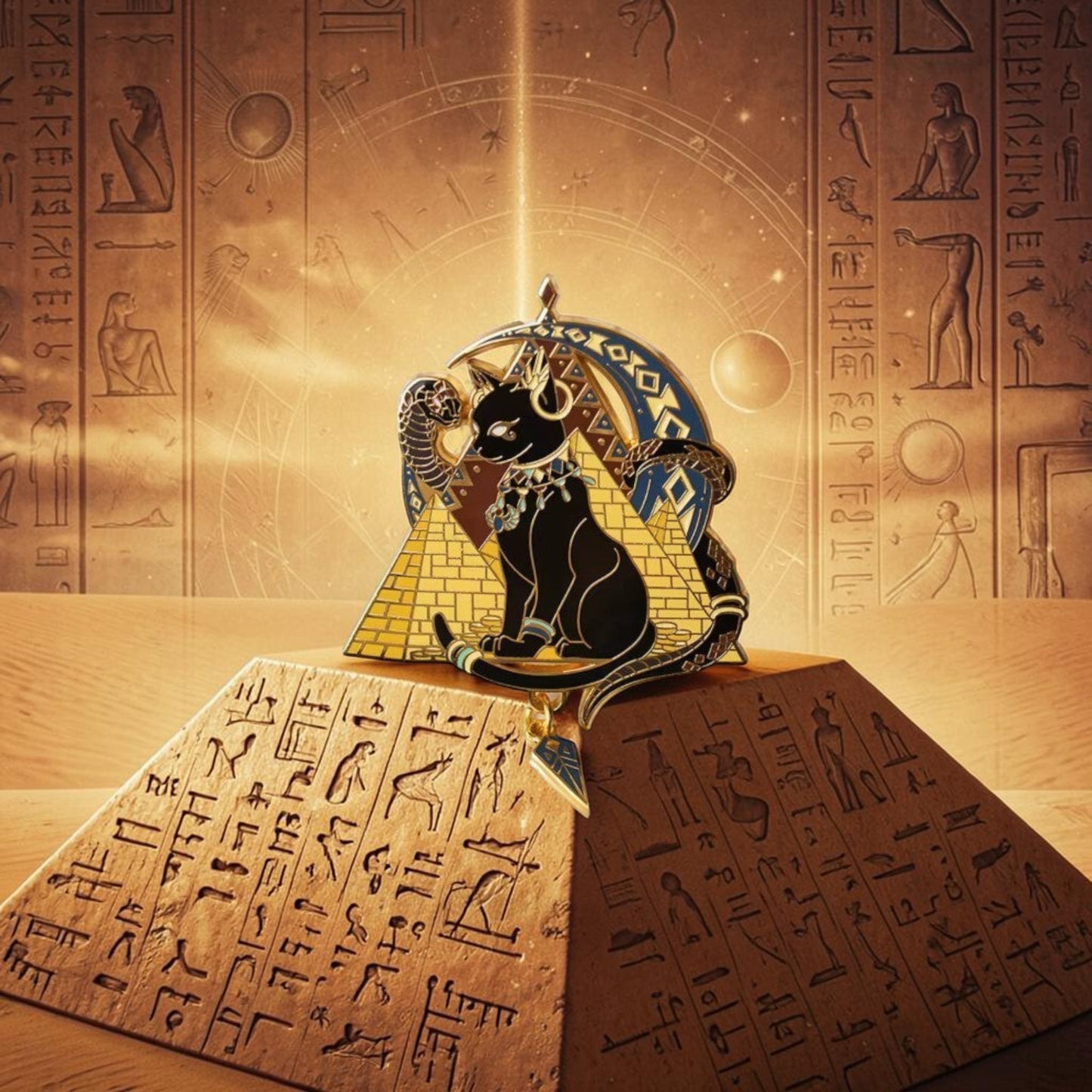 Pins & Co. Egyptian Bastet cat enamel pin with black cat, gold pyramid, crescent moon, and dangling charm.