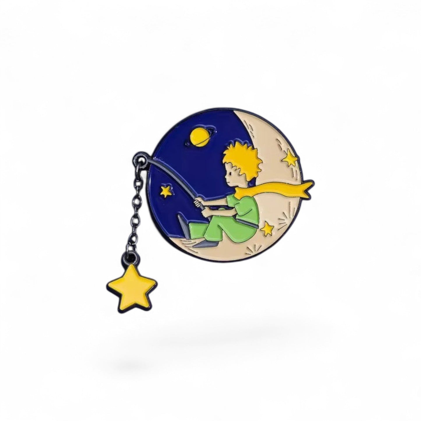 Pins & Co. The Little Prince enamel pin featuring a character on a crescent moon with a dangling star charm.