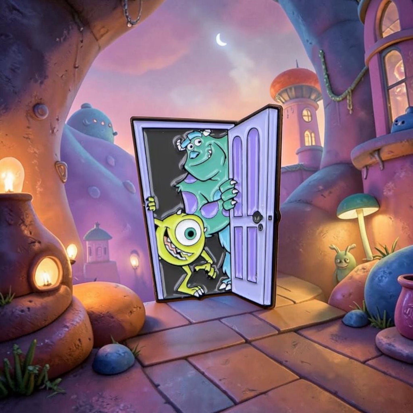 Pins & Co. Monsters Inc enamel lapel pin featuring Sulley and Mike Wazowski peeking through a purple bedroom door.
