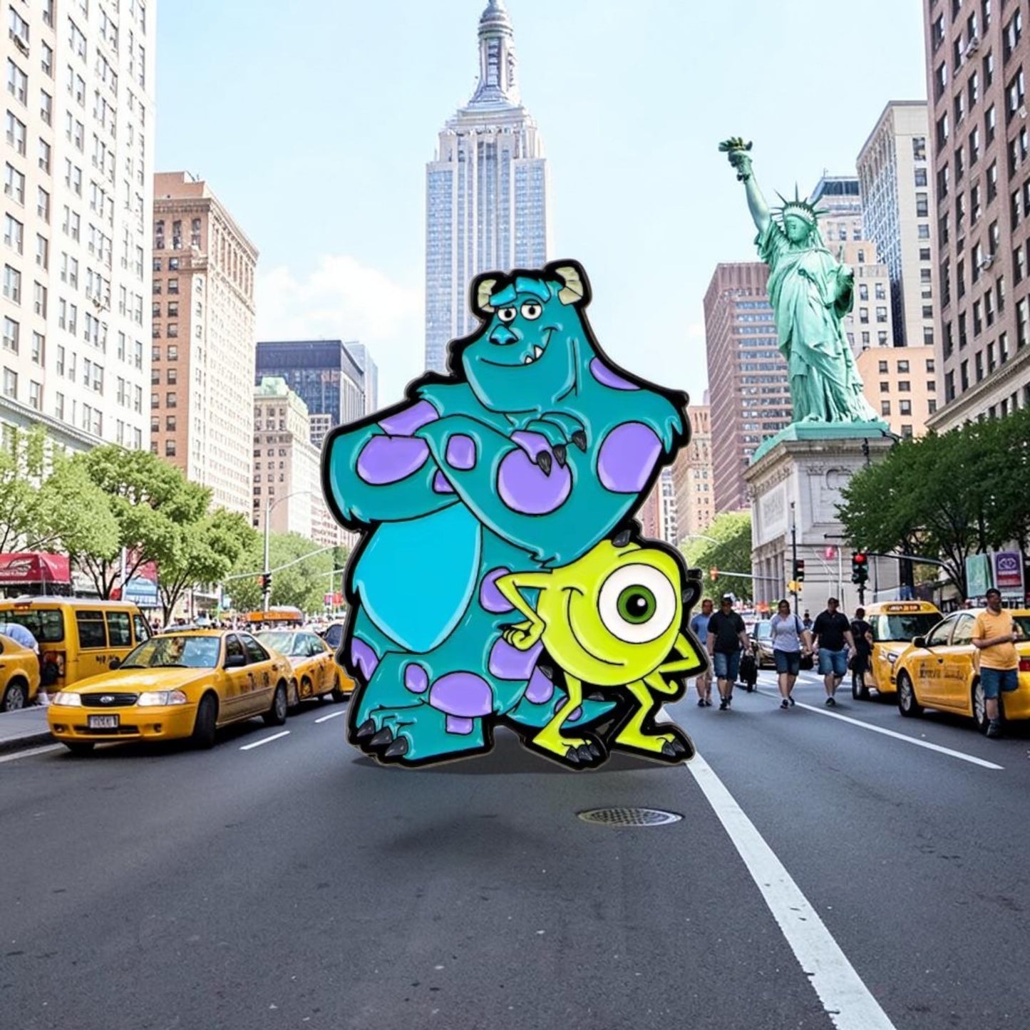 Pins & Co. Monsters Inc enamel pin featuring Sulley in teal with purple spots and lime green Mike Wazowski