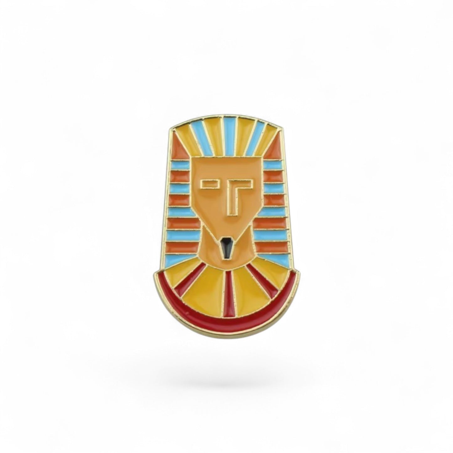 Pins & Co. pharaoh enamel lapel pin in orange, blue, and red with gold-tone metal outlines.