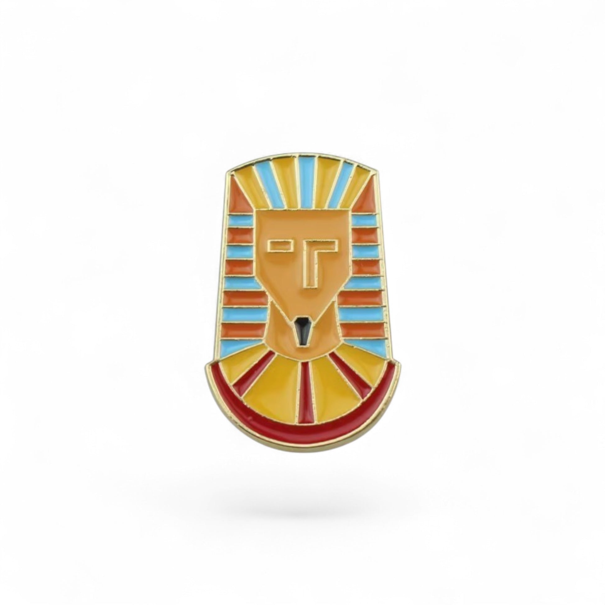 Pins & Co. pharaoh enamel lapel pin in orange, blue, and red with gold-tone metal outlines.