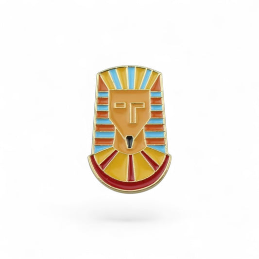 Pins & Co. pharaoh enamel lapel pin in orange, blue, and red with gold-tone metal outlines.