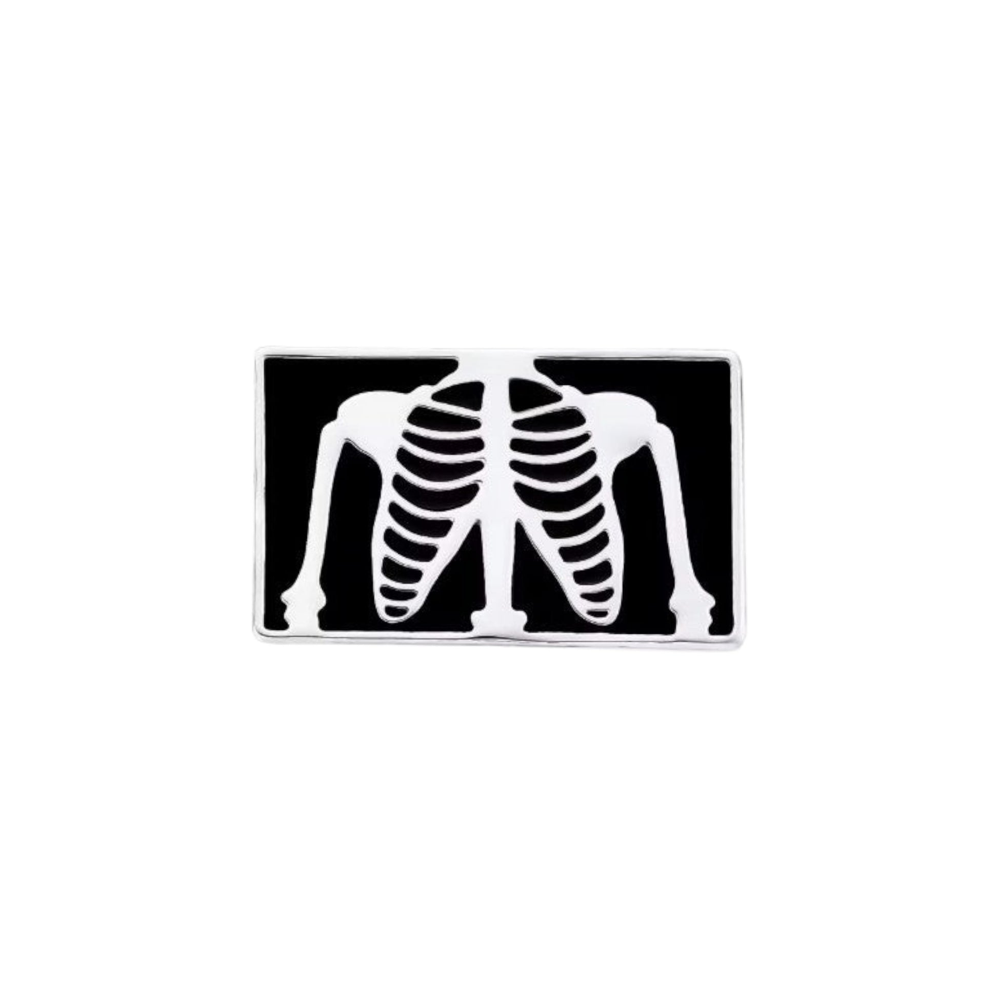 Pins & Co. rectangular enamel lapel pin featuring a silver-tone human rib cage skeleton on a black background.