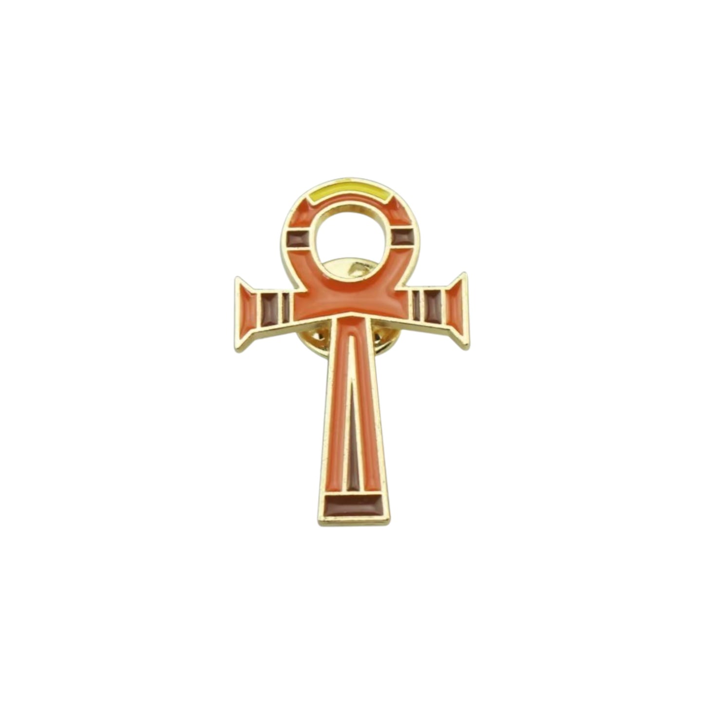 Pins & Co. Ankh symbol lapel pin in gold-tone metal with vibrant orange and brown enamel detailing.
