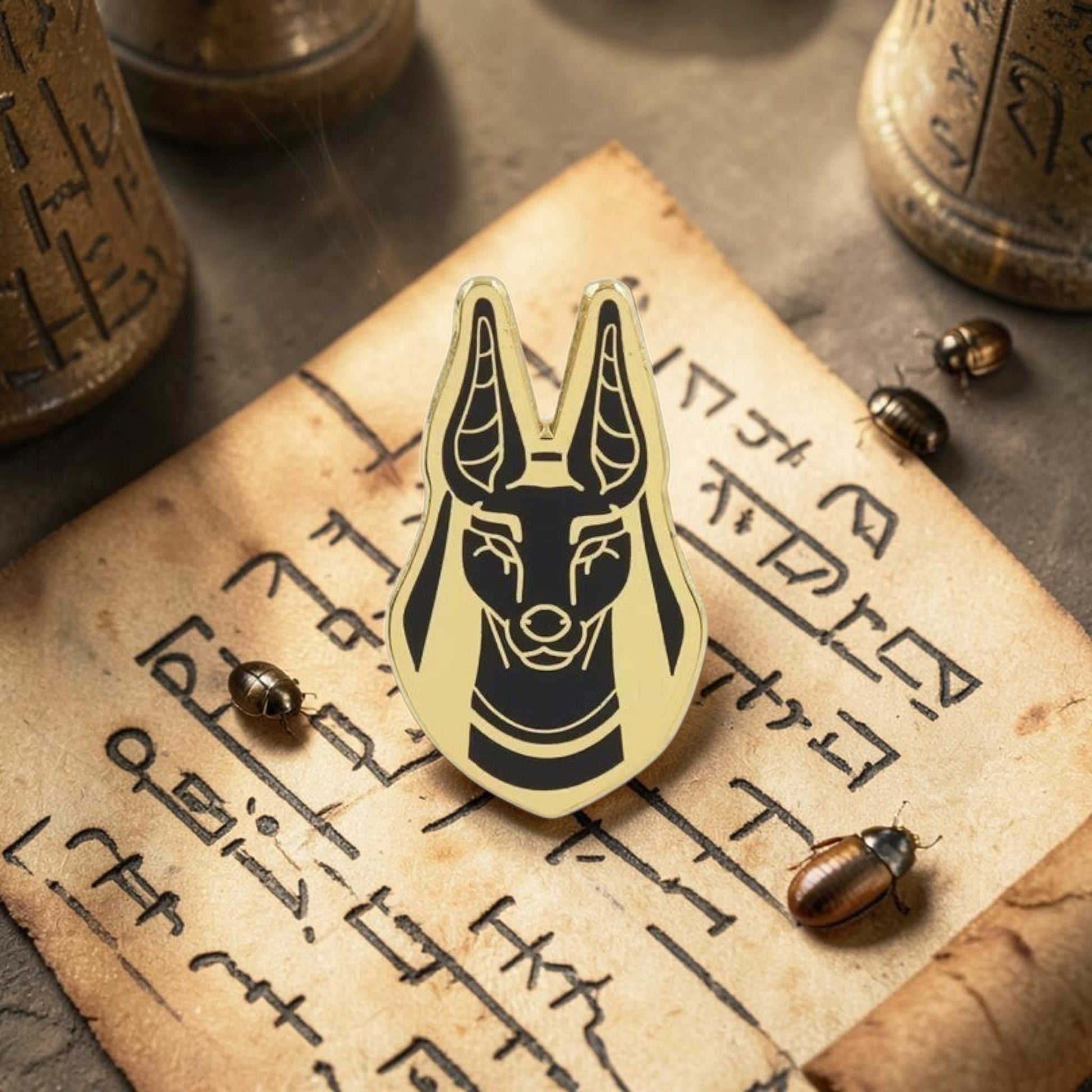 Pins & Co. gold and black enamel Anubis lapel pin featuring a minimalist jackal-headed Egyptian deity design.